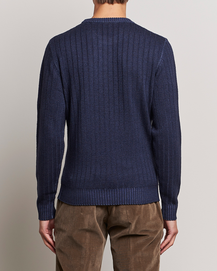 Mies | Puserot | Stenströms | Garment Dyed Ribbed Merino Wool Crewneck Blue