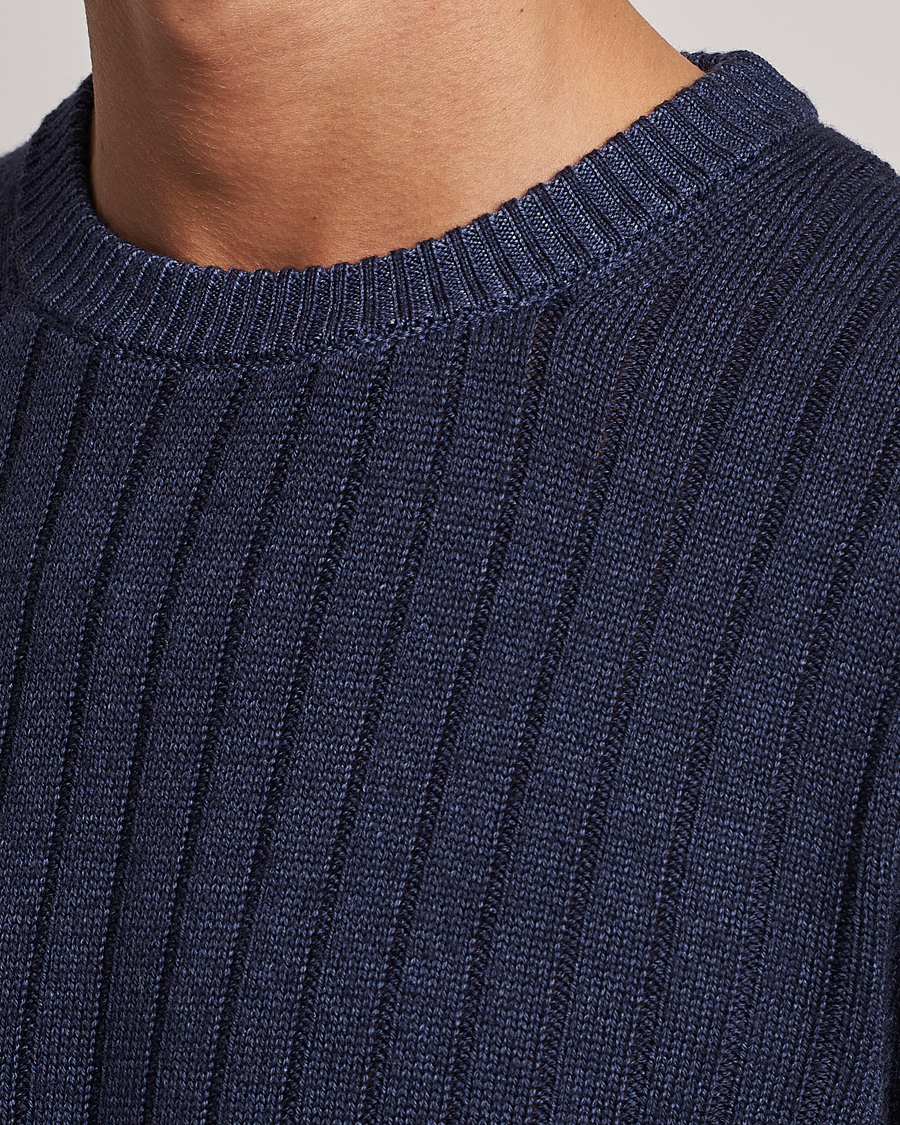 Mies | Puserot | Stenströms | Garment Dyed Ribbed Merino Wool Crewneck Blue