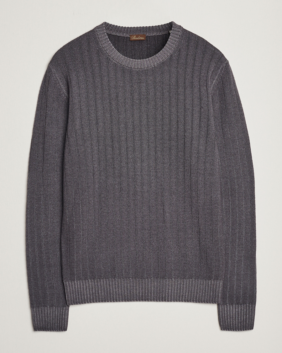Mies | Puserot | Stenströms | Garment Dyed Ribbed Merino Wool Crewneck Grey