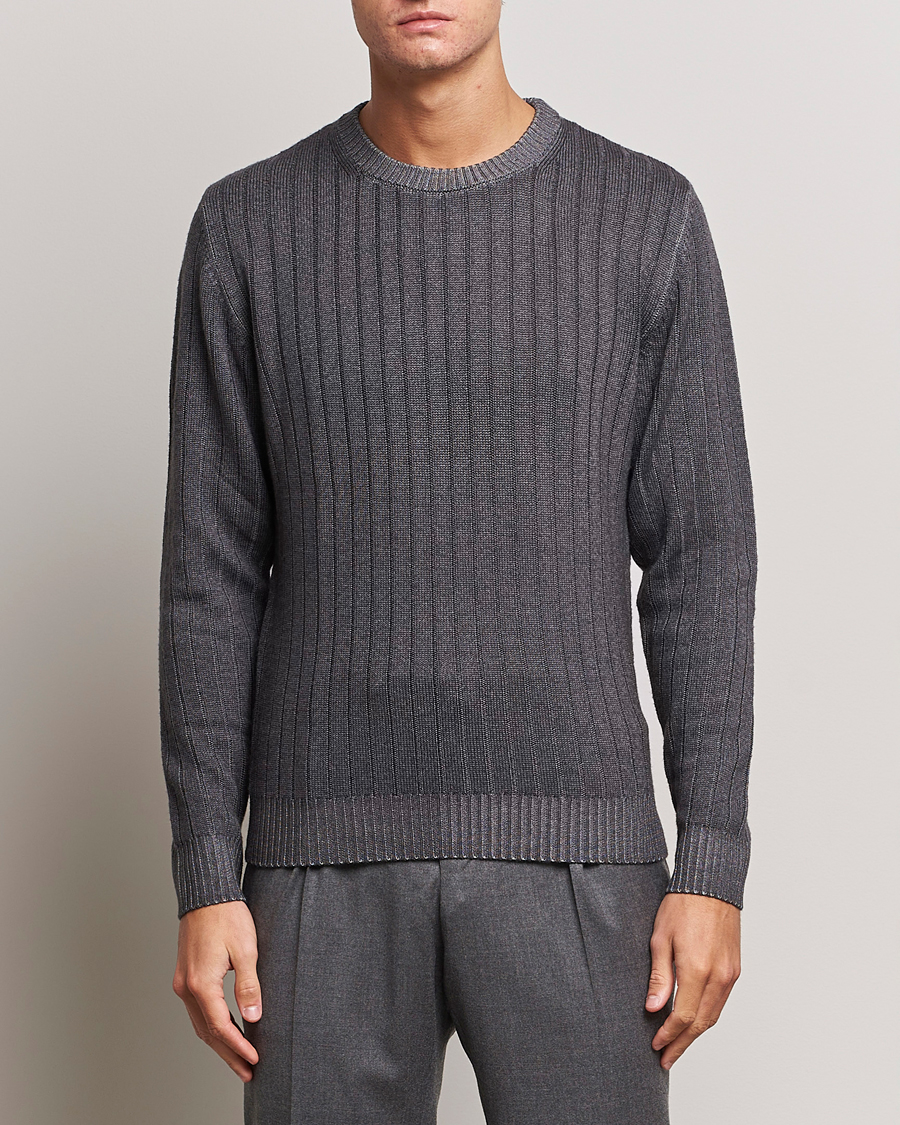 Mies | Puserot | Stenströms | Garment Dyed Ribbed Merino Wool Crewneck Grey