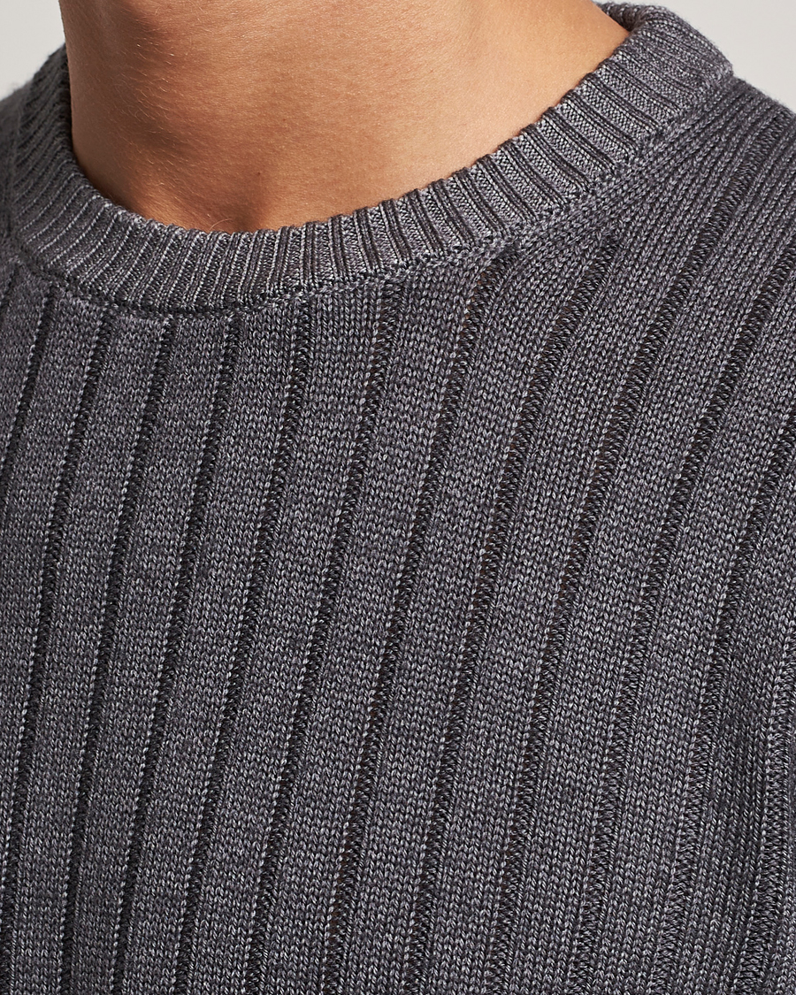 Mies | Puserot | Stenströms | Garment Dyed Ribbed Merino Wool Crewneck Grey