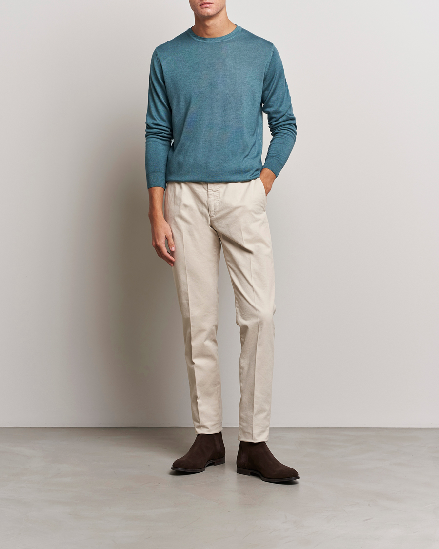 Mies | Puserot | Stenströms | Garment Dyed Merino Wool Crewneck Petrol