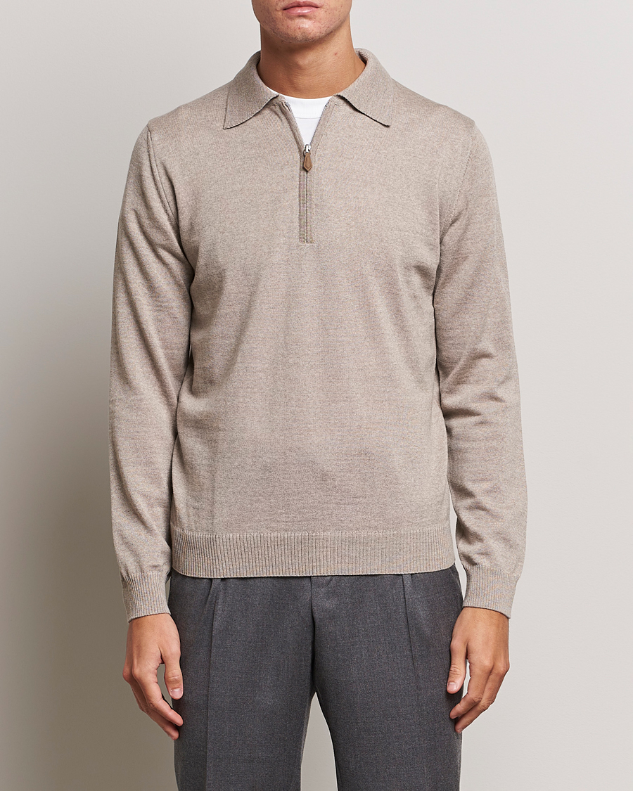 Mies | Puserot | Stenströms | Merino Wool Zip Polo Beige
