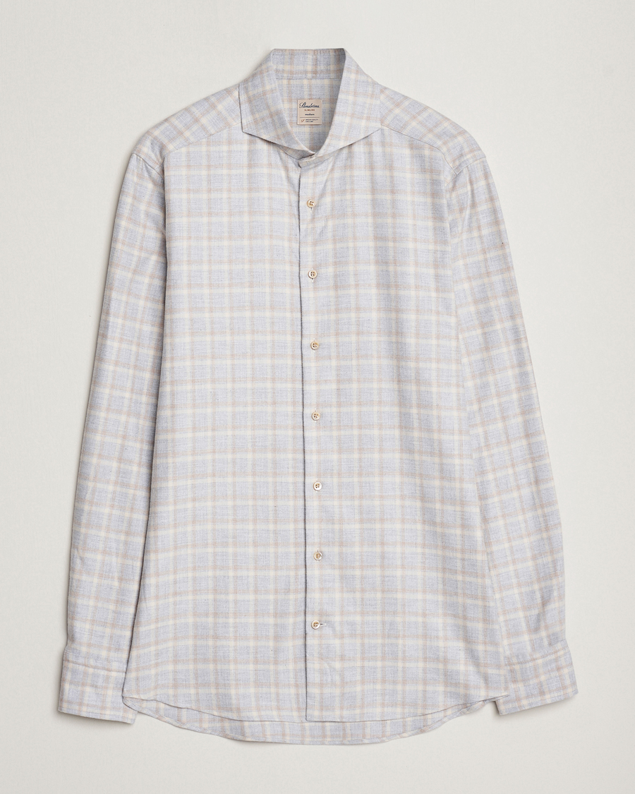 Mies |  | Stenströms | Slimline Checked Cut Away Flannel Shirt Light Grey