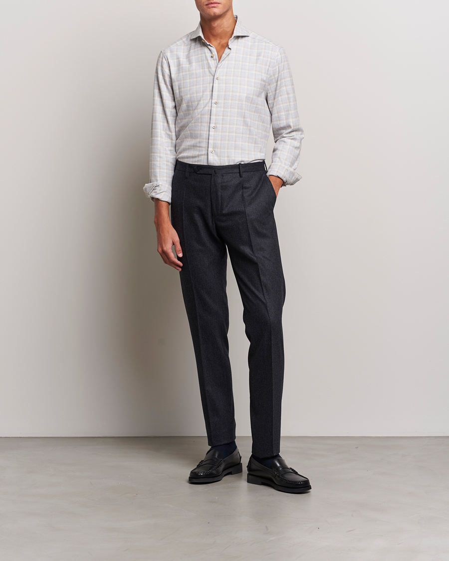 Mies | Kauluspaidat | Stenströms | Slimline Checked Cut Away Flannel Shirt Light Grey