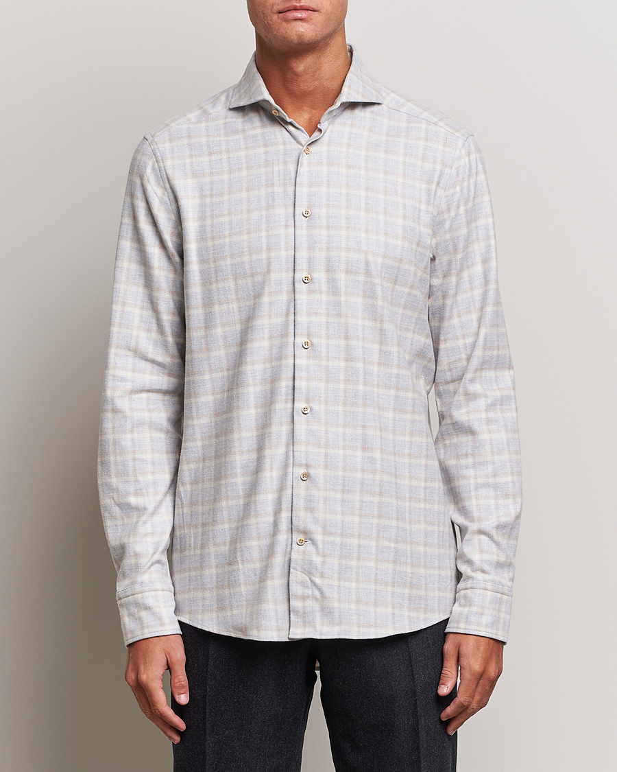 Mies |  | Stenströms | Slimline Checked Cut Away Flannel Shirt Light Grey