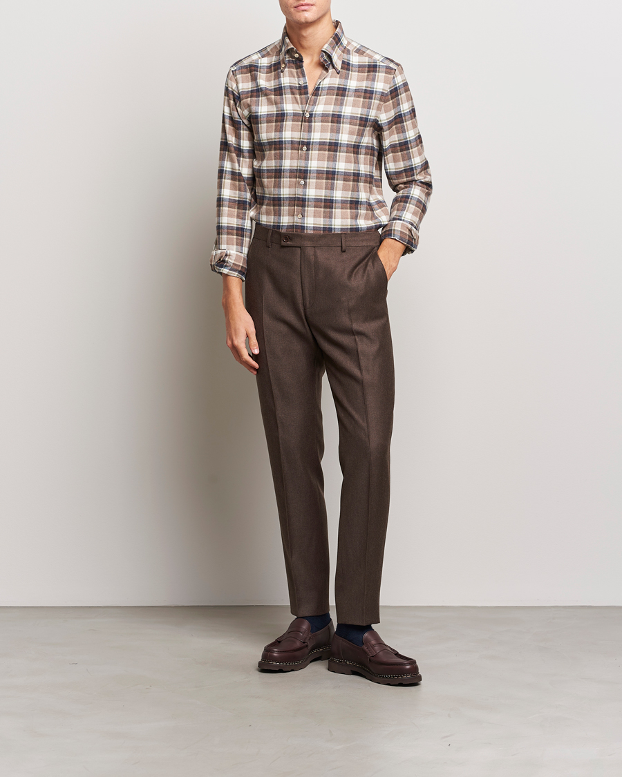 Mies | Kauluspaidat | Stenströms | Slimline Checked Button Down Flannel Shirt Beige