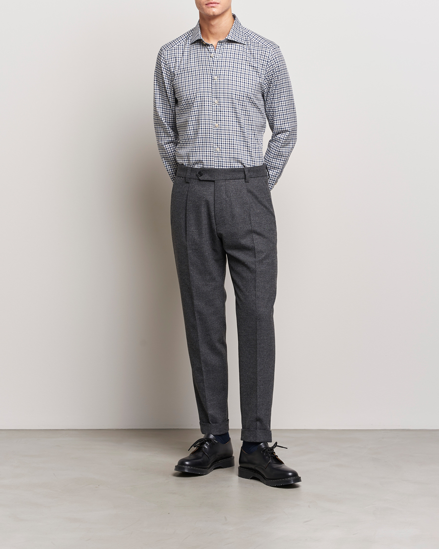Mies | Kauluspaidat | Stenströms | Slimline Small Checked Flannel Shirt Blue/Grey