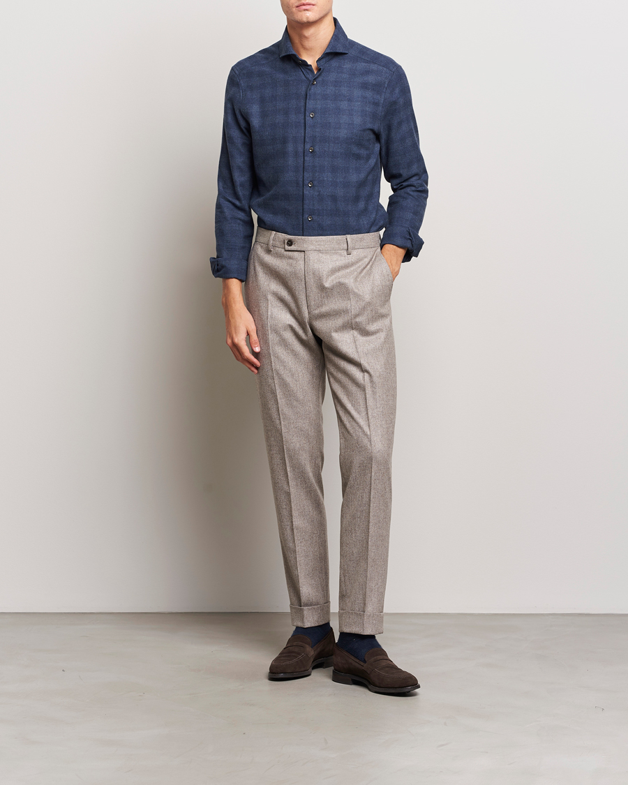 Mies | Kauluspaidat | Stenströms | Slimline Checked Cut Away Flannel Shirt Navy