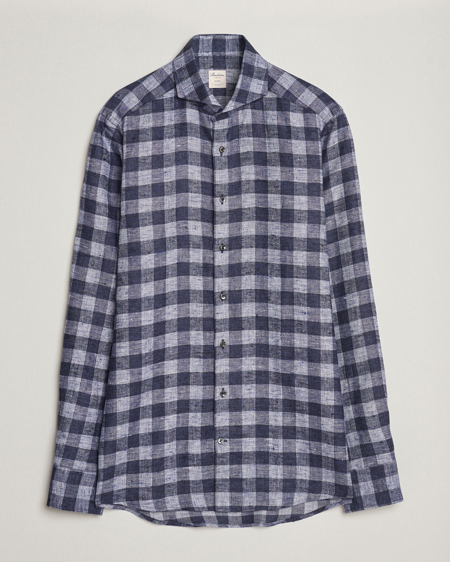 Mies |  | Stenströms | Slimline Checked Linen Flannel Shirt Blue
