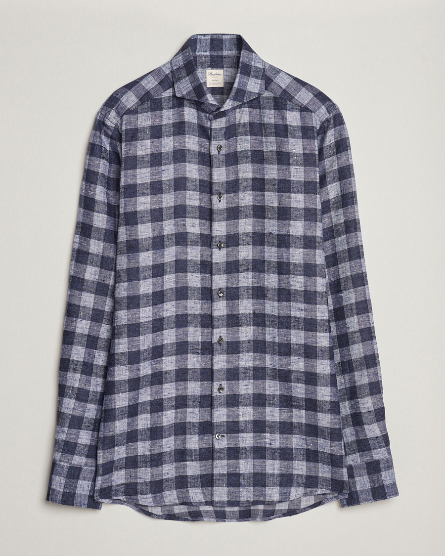 Mies | Kauluspaidat | Stenströms | Slimline Checked Linen Flannel Shirt Blue
