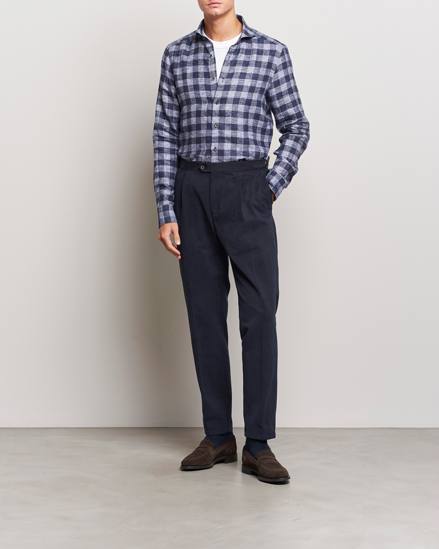 Mies | Kauluspaidat | Stenströms | Slimline Checked Linen Flannel Shirt Blue