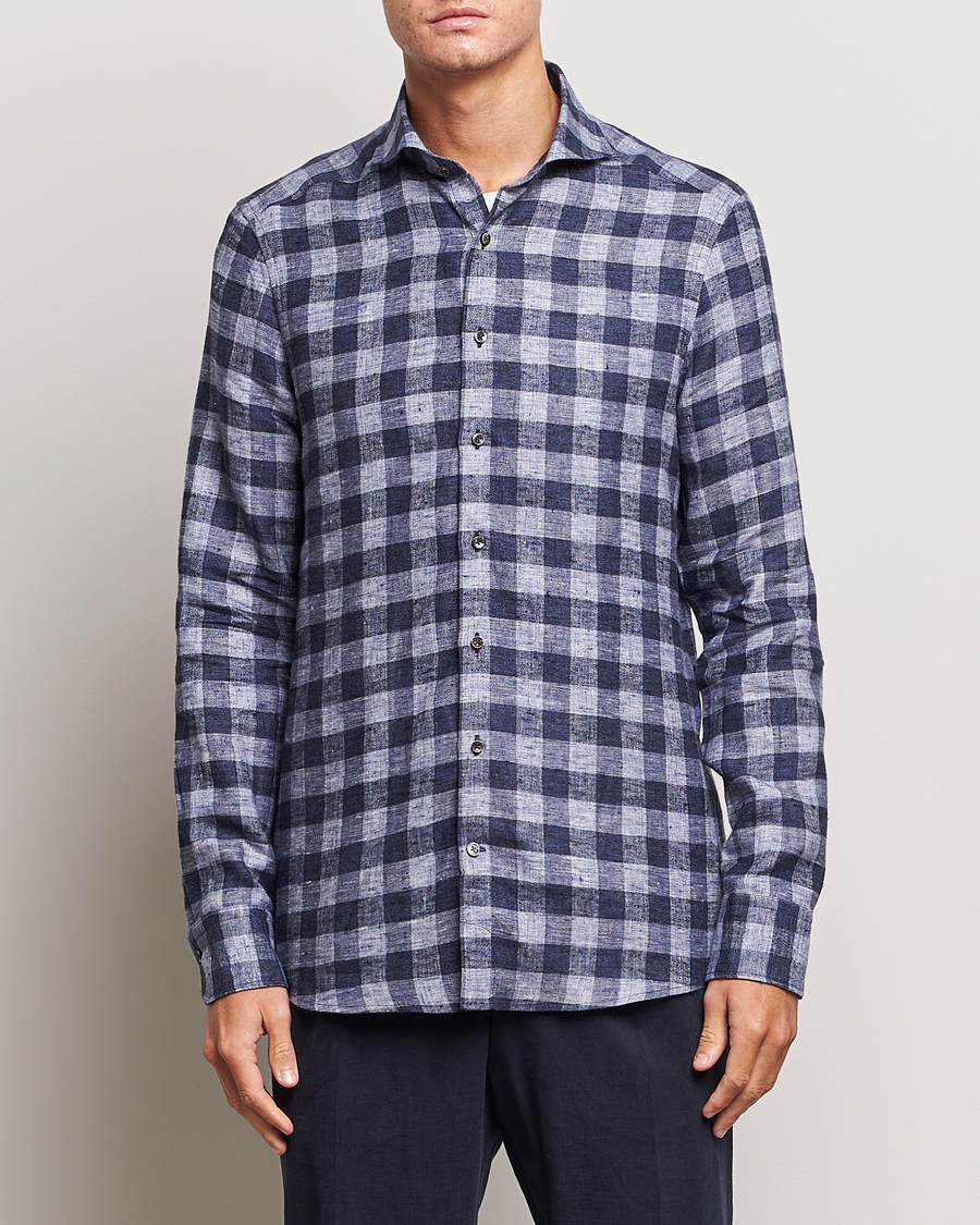 Mies | Kauluspaidat | Stenströms | Slimline Checked Linen Flannel Shirt Blue