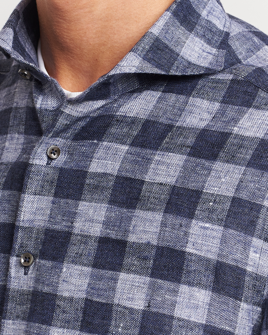 Mies | Kauluspaidat | Stenströms | Slimline Checked Linen Flannel Shirt Blue