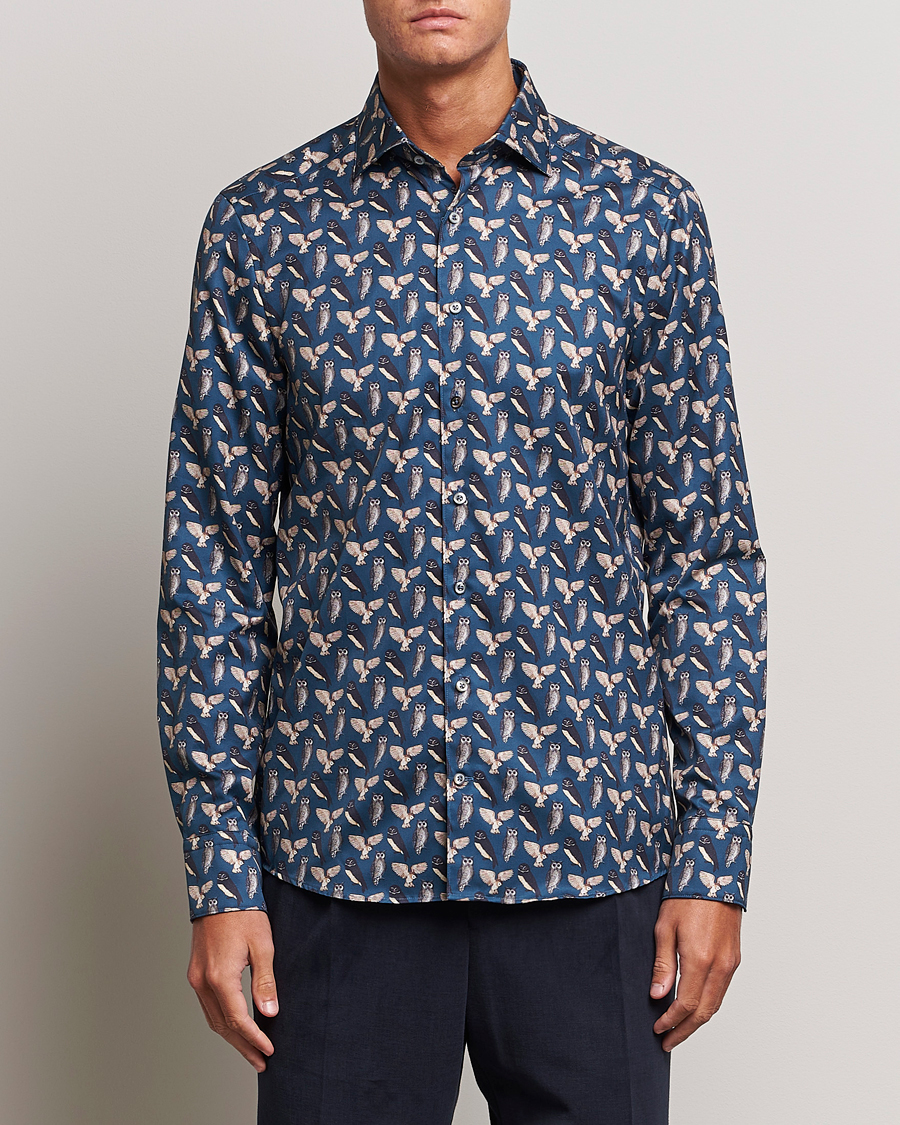 Mies |  | Stenströms | Slimline Owl Printed Cut Away Shirt Blue