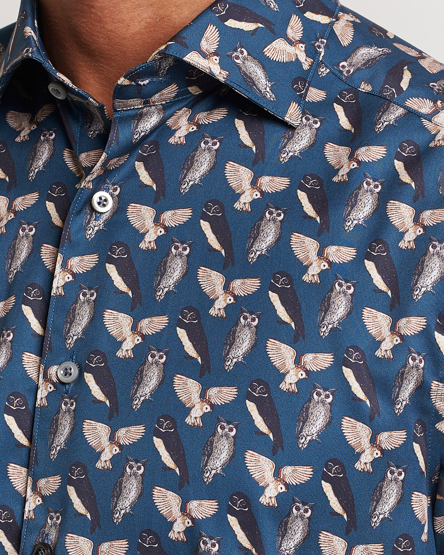 Mies | Kauluspaidat | Stenströms | Slimline Owl Printed Cut Away Shirt Blue