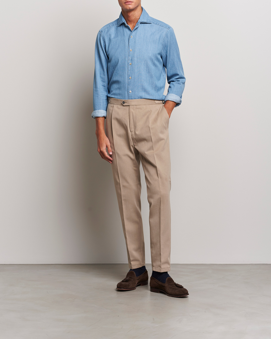 Mies | Kauluspaidat | Stenströms | Slimline One Piece Collar Denim Shirt Light Blue