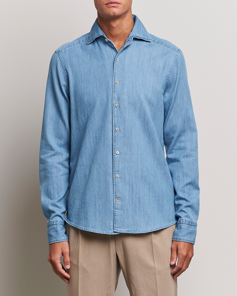 Mies | Alennusmyynti vaatteet | Stenströms | Slimline One Piece Collar Denim Shirt Light Blue