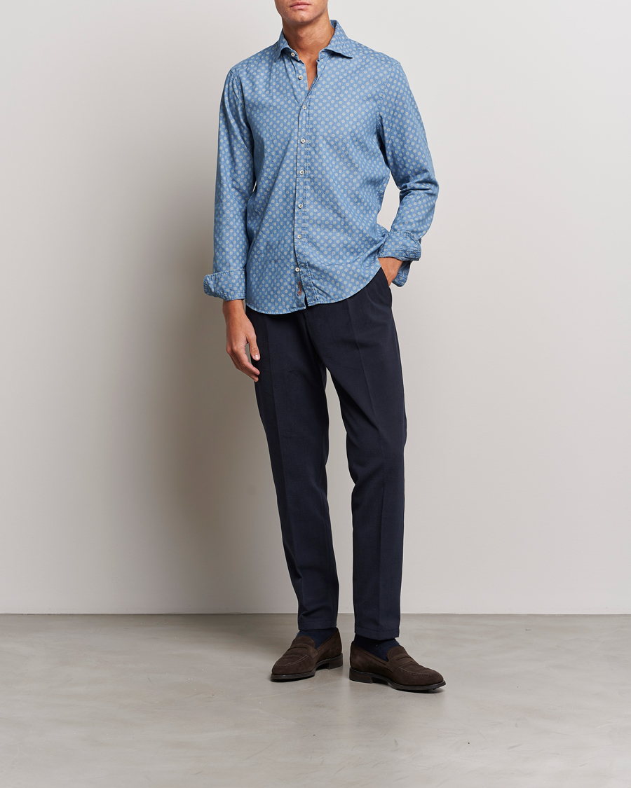 Mies | Kauluspaidat | Stenströms | Slimline Printed Cut Away Denim Shirt Light Blue