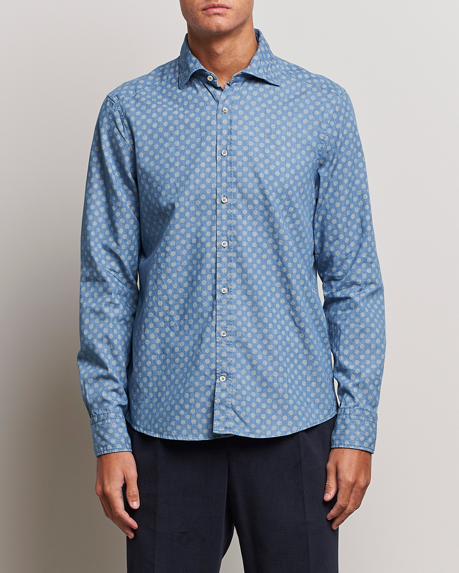 Mies | Alennusmyynti vaatteet | Stenströms | Slimline Printed Cut Away Denim Shirt Light Blue