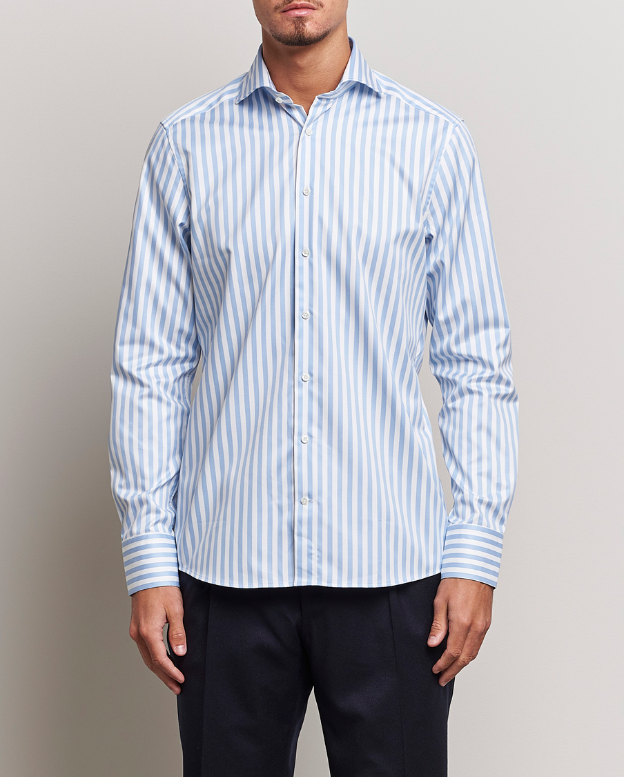 Mies |  | Stenströms | Slimline Bold Stripe 2-Fold Cut Away Shirt  Light Blue
