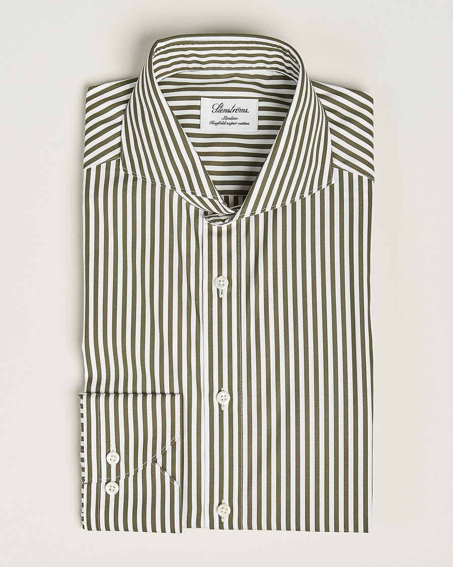 Mies |  | Stenströms | Slimline Striped Popline Cut Away Shirt Green