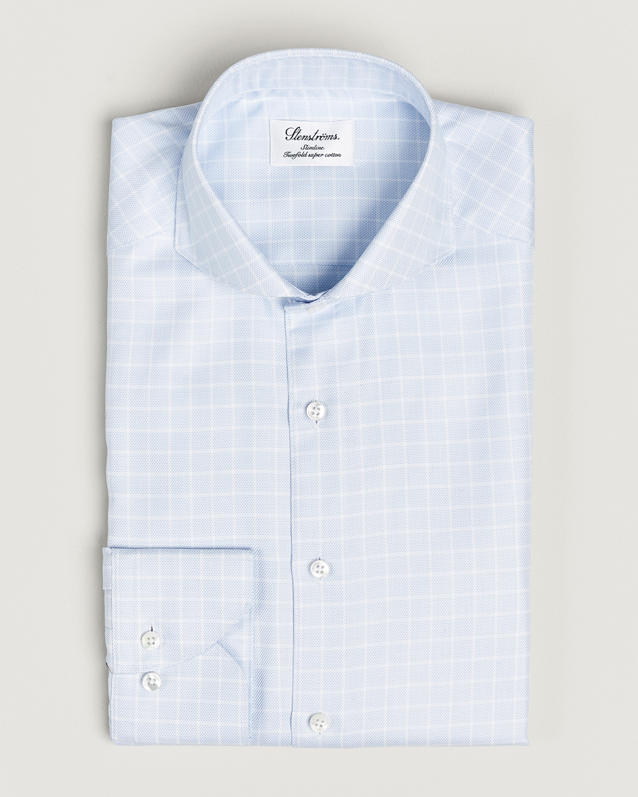 Mies | Kauluspaidat | Stenströms | Slimline Small Checked Cut Away Shirt Light Blue