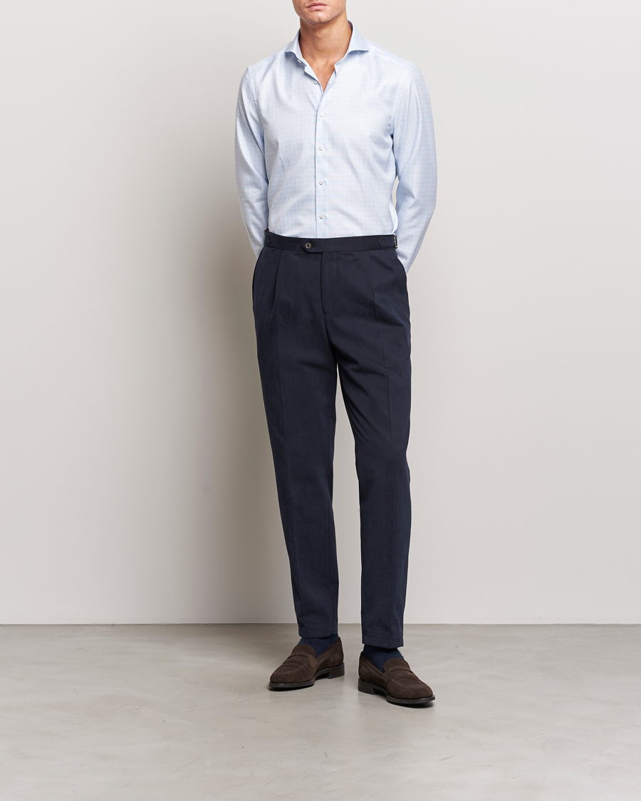 Mies | Kauluspaidat | Stenströms | Slimline Small Checked Cut Away Shirt Light Blue