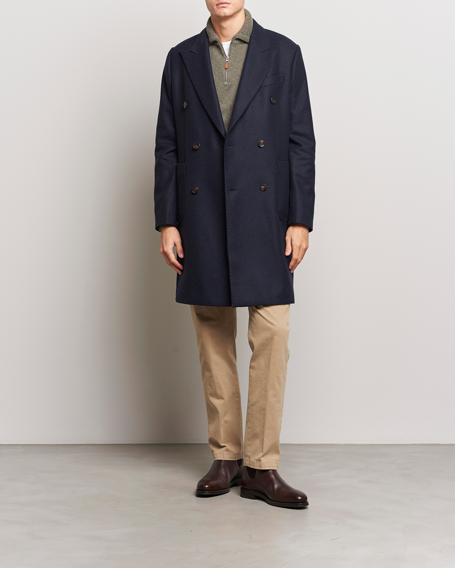 Mies | Takit | Morris | Double Breasted Herringbone Wool Coat Navy