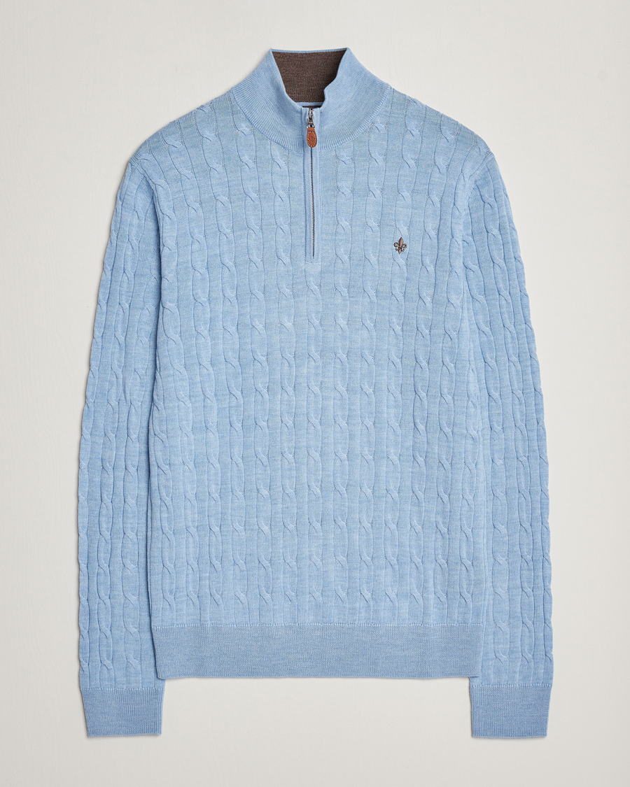 Mies | Puserot | Morris | Merino Cable Half Zip Light Blue