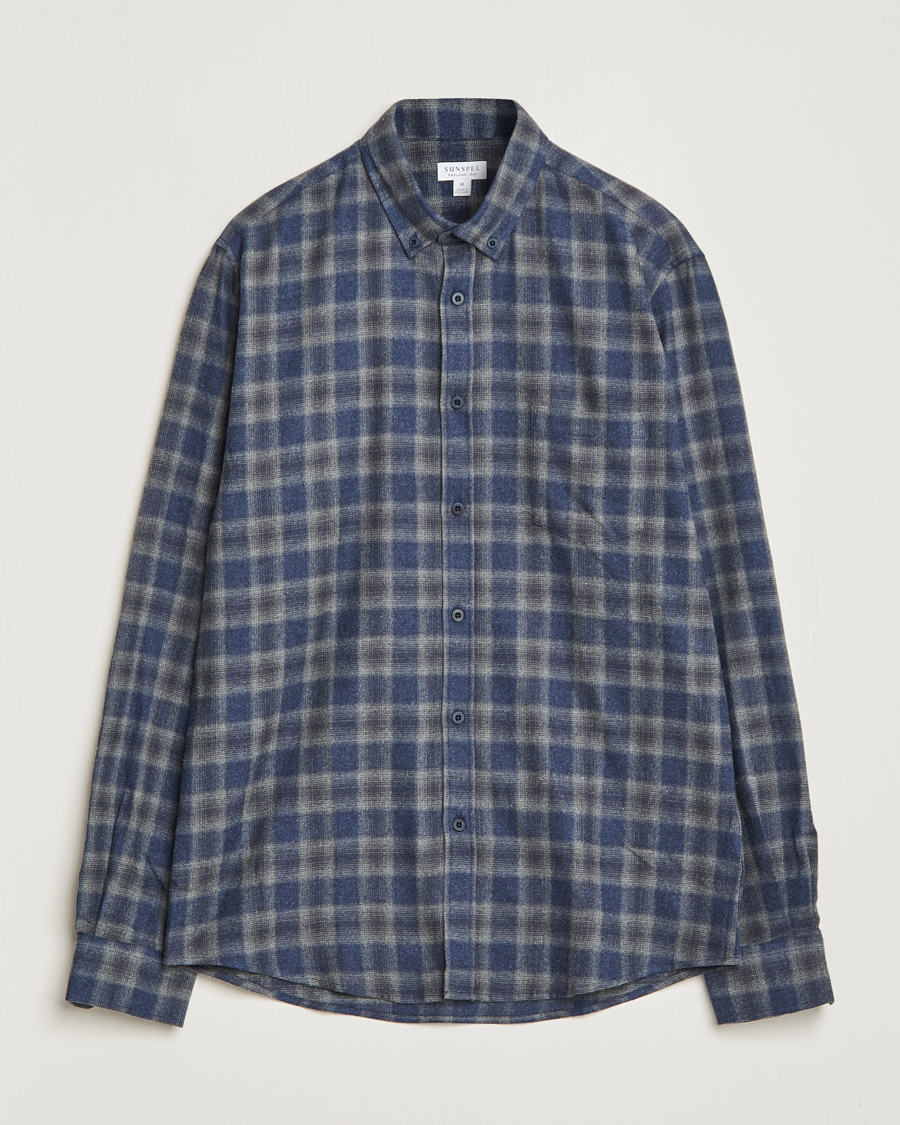Mies | Kauluspaidat | Sunspel | Brushed Cotton Flannel Shirt Grey/Blue Check