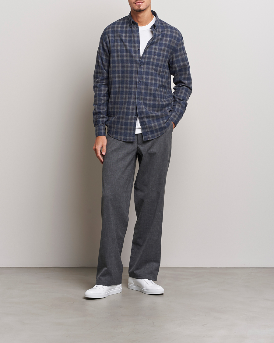 Mies | Kauluspaidat | Sunspel | Brushed Cotton Flannel Shirt Grey/Blue Check