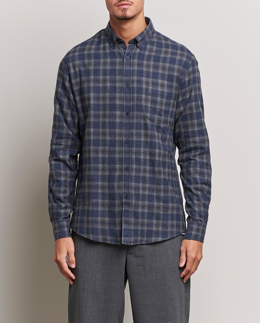Mies | Kauluspaidat | Sunspel | Brushed Cotton Flannel Shirt Grey/Blue Check