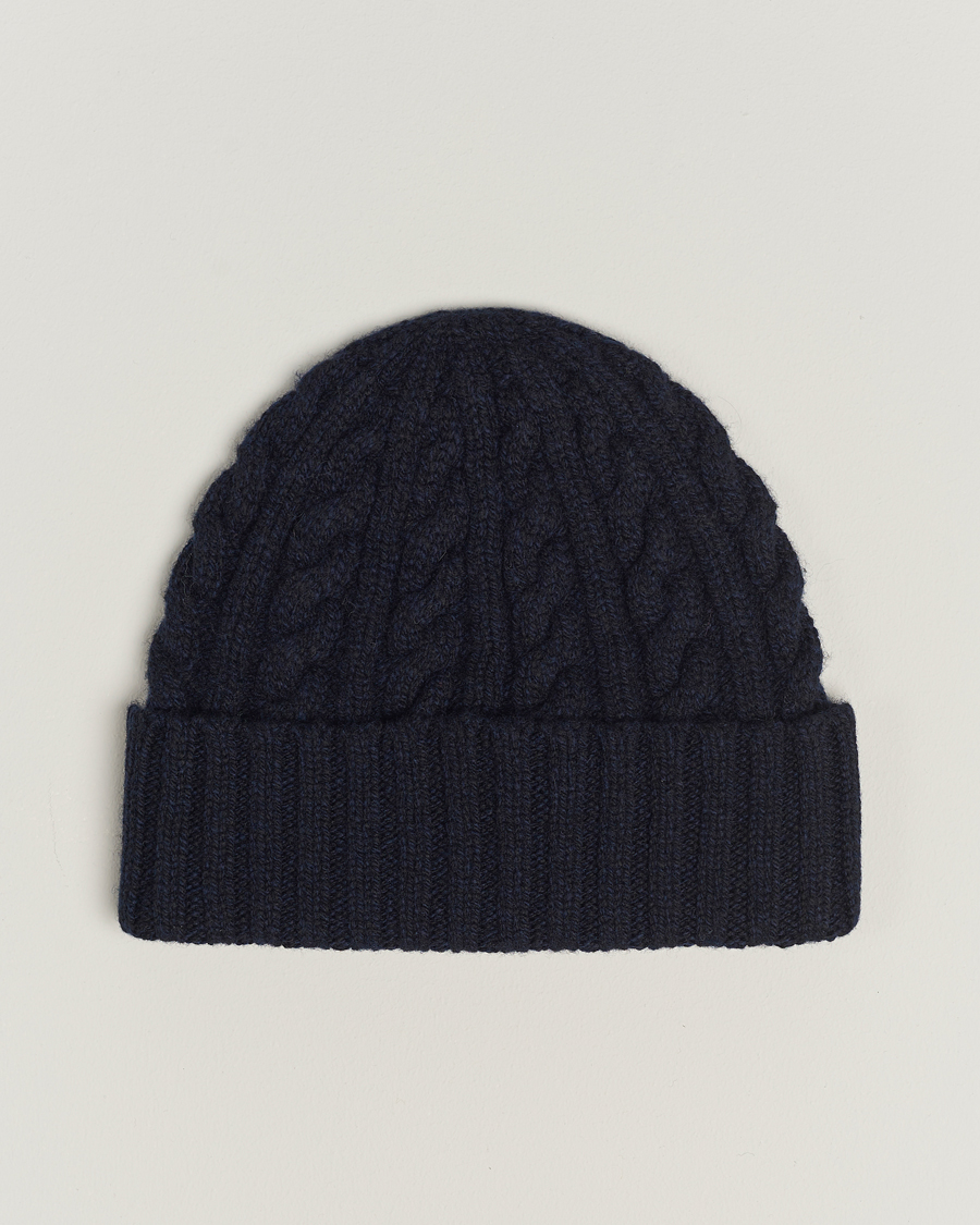 Mies | Sunspel Lambswool Cable Hat Dark Navy | Sunspel | Lambswool Cable Hat Dark Navy