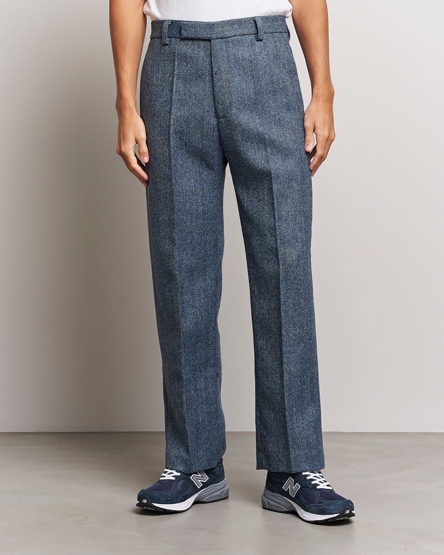 Mies | Housut | Palmes | Pleated Wool Trousers Navy Herringbone