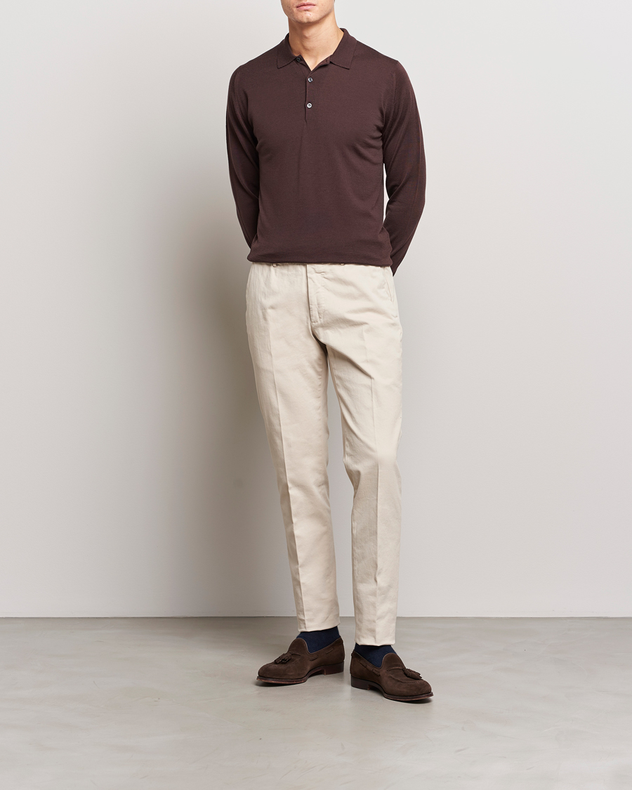 Mies | Puserot | John Smedley | Belper Extra Fine Merino Polo Pullover Truffle Brown