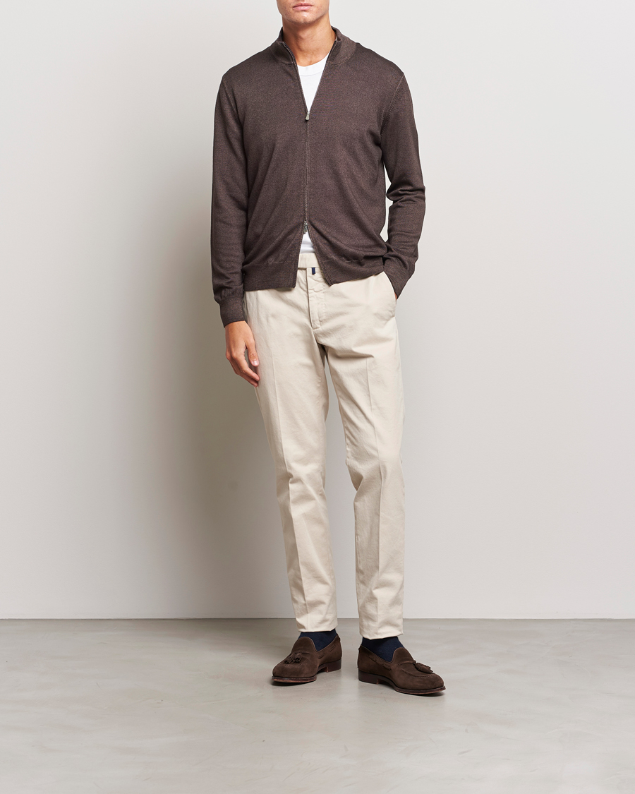 Mies | Puserot | Gran Sasso | Vintage Merino Fashion Fit Full Zip Brown