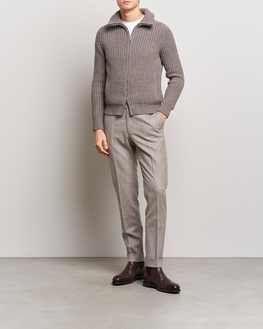 Mies | Puserot | Gran Sasso | Wool/Cashmere Heavy Knitted Full Zip Taupe Melange