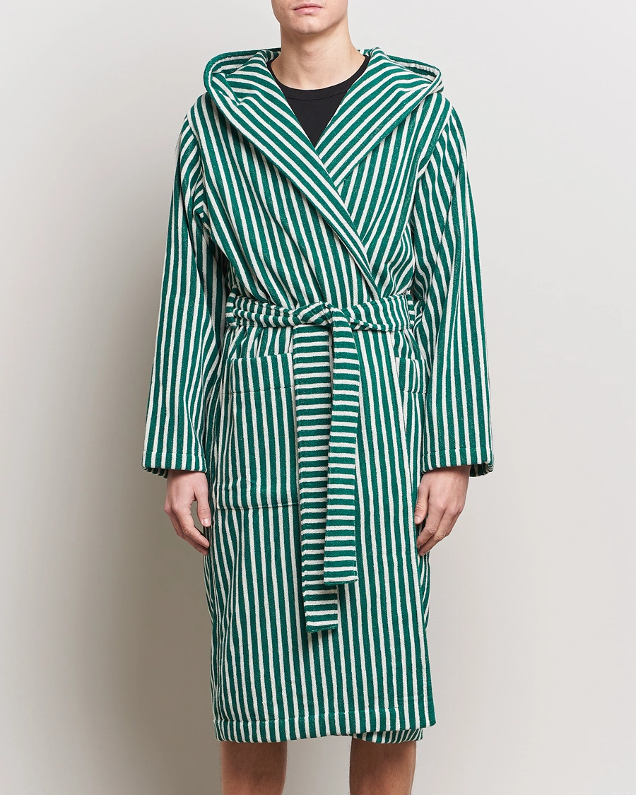 Mies |  | Tekla | Organic Terry Hooded Bathrobe Teal Green Stripes