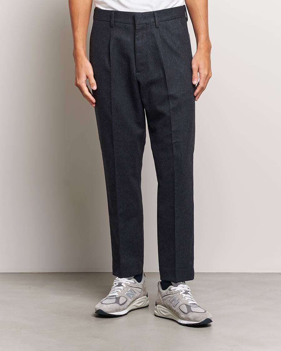 Mies |  | NN07 | Bill Brushed Flannel Pleated Trousers Navy Blue
