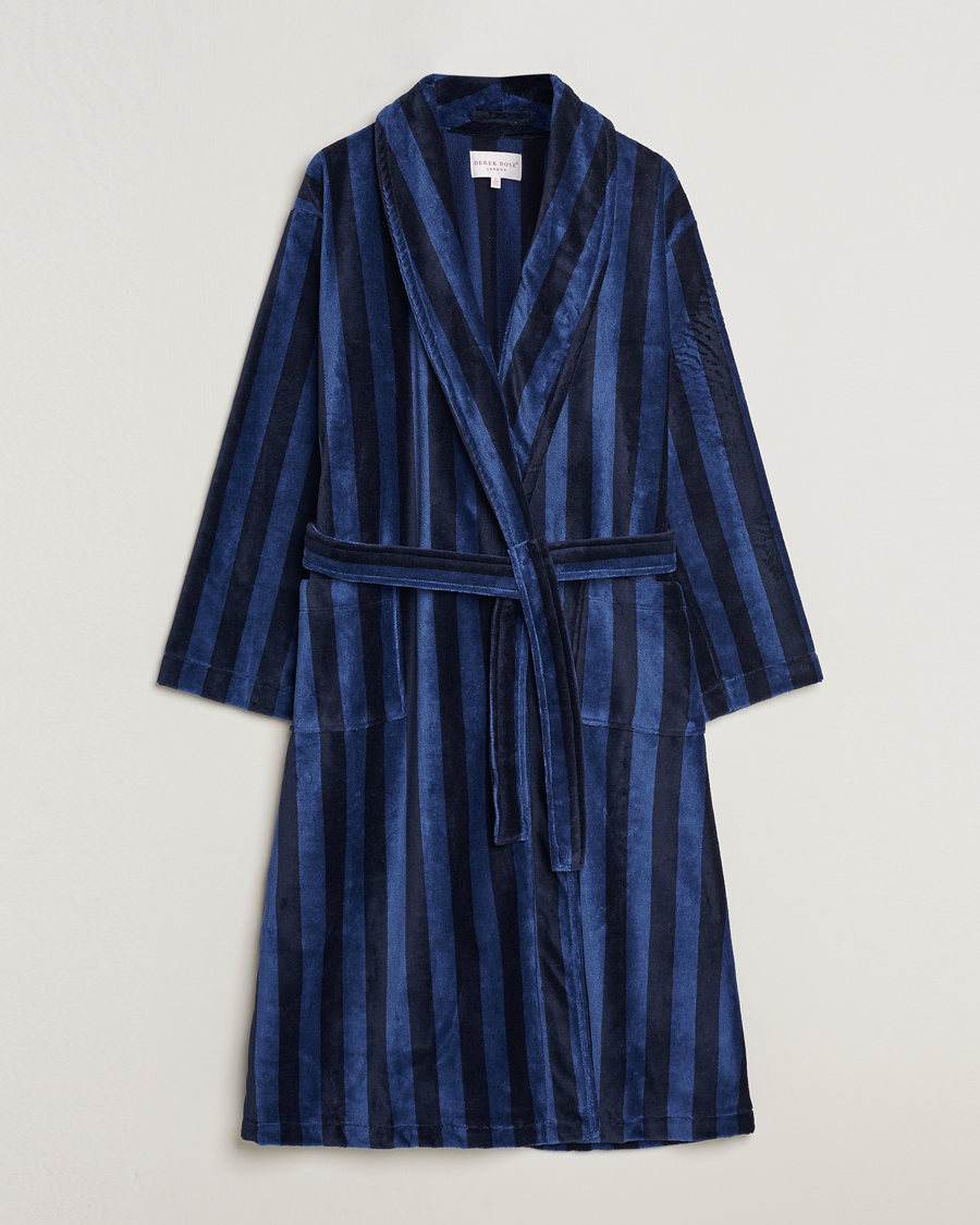 Mies | Kylpytakit | Derek Rose | Cotton Velour Striped Gown Navy/Blue