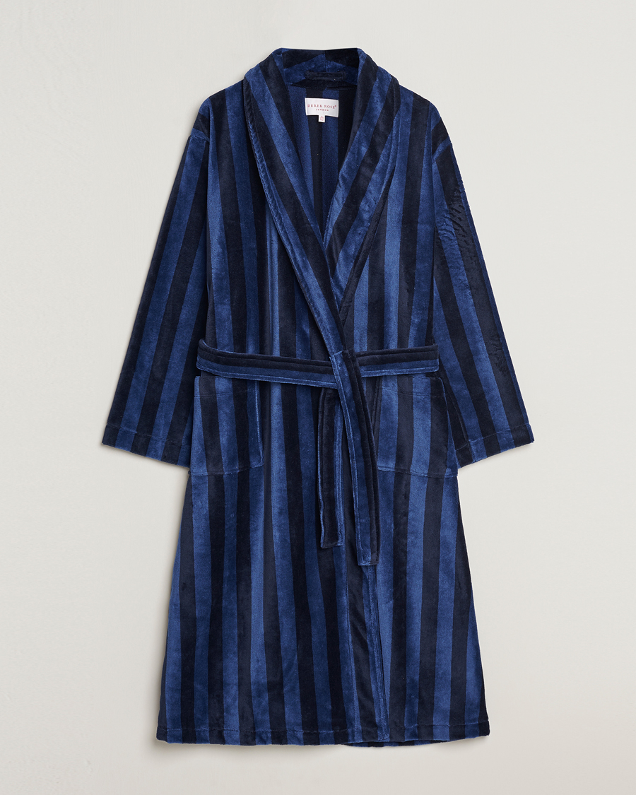 Mies | Yöpuvut ja kylpytakit | Derek Rose | Striped Cotton Velour Gown Navy