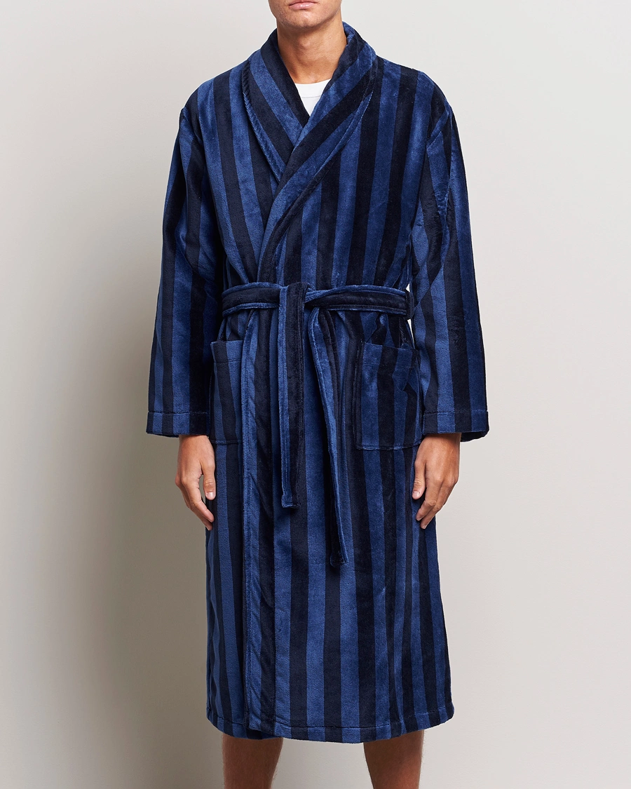 Mies | Yöpuvut ja kylpytakit | Derek Rose | Cotton Velour Striped Gown Navy/Blue