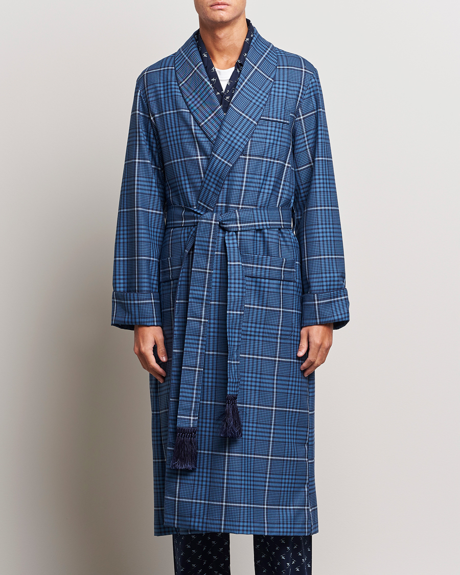 Mies | Yöpuvut ja kylpytakit | Derek Rose | Wool Checked Gown Blue