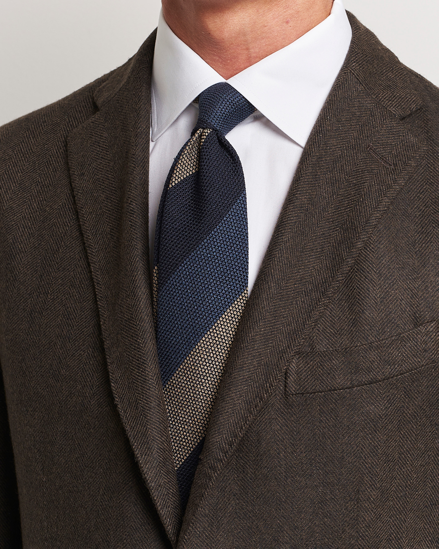 Mies | Amanda Christensen Silk Grenadine 8cm Block Striped Tie Navy/Blue/Beige | Amanda Christensen | Silk Grenadine 8cm Block Striped Tie Navy/Blue/Beige