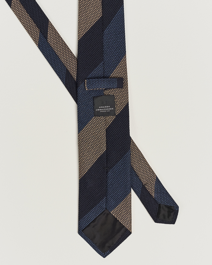 Mies | Amanda Christensen Silk Grenadine 8cm Block Striped Tie Navy/Blue/Beige | Amanda Christensen | Silk Grenadine 8cm Block Striped Tie Navy/Blue/Beige