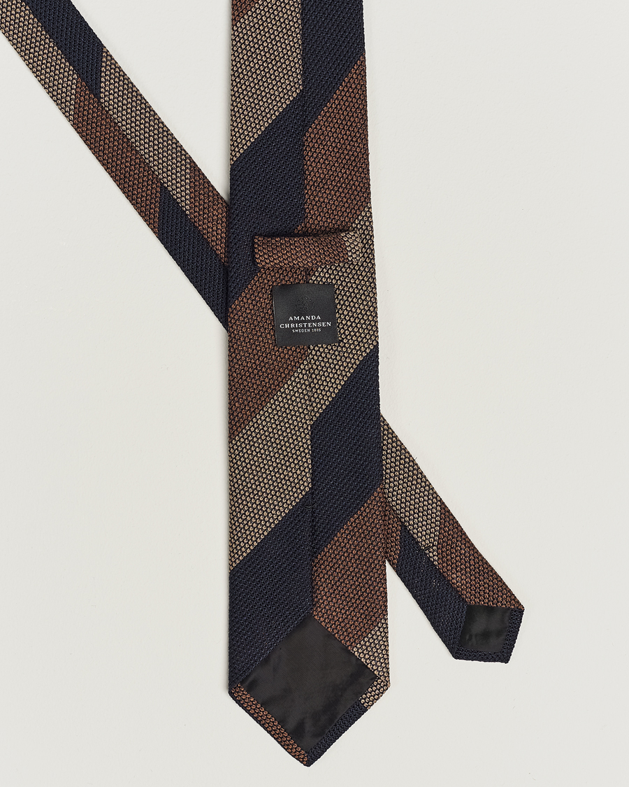 Mies | Amanda Christensen Silk Grenadine 8cm Block Striped Tie Brown/Navy/Beige | Amanda Christensen | Silk Grenadine 8cm Block Striped Tie Brown/Navy/Beige