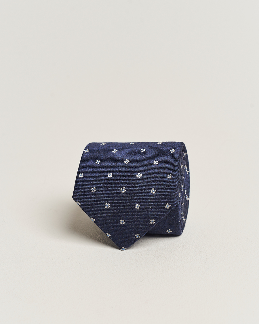 Mies | Amanda Christensen Silk/Wool 8cm Printed Flower Tie Navy | Amanda Christensen | Silk/Wool 8cm Printed Flower Tie Navy
