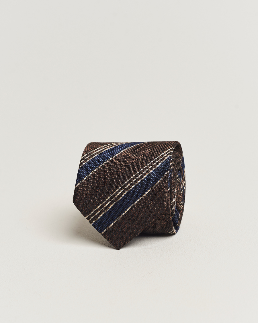 Mies | Amanda Christensen Cotton/Wool/Silk 8cm Regimental Stripe Tie Brown/Navy | Amanda Christensen | Cotton/Wool/Silk 8cm Regimental Stripe Tie Brown/Navy