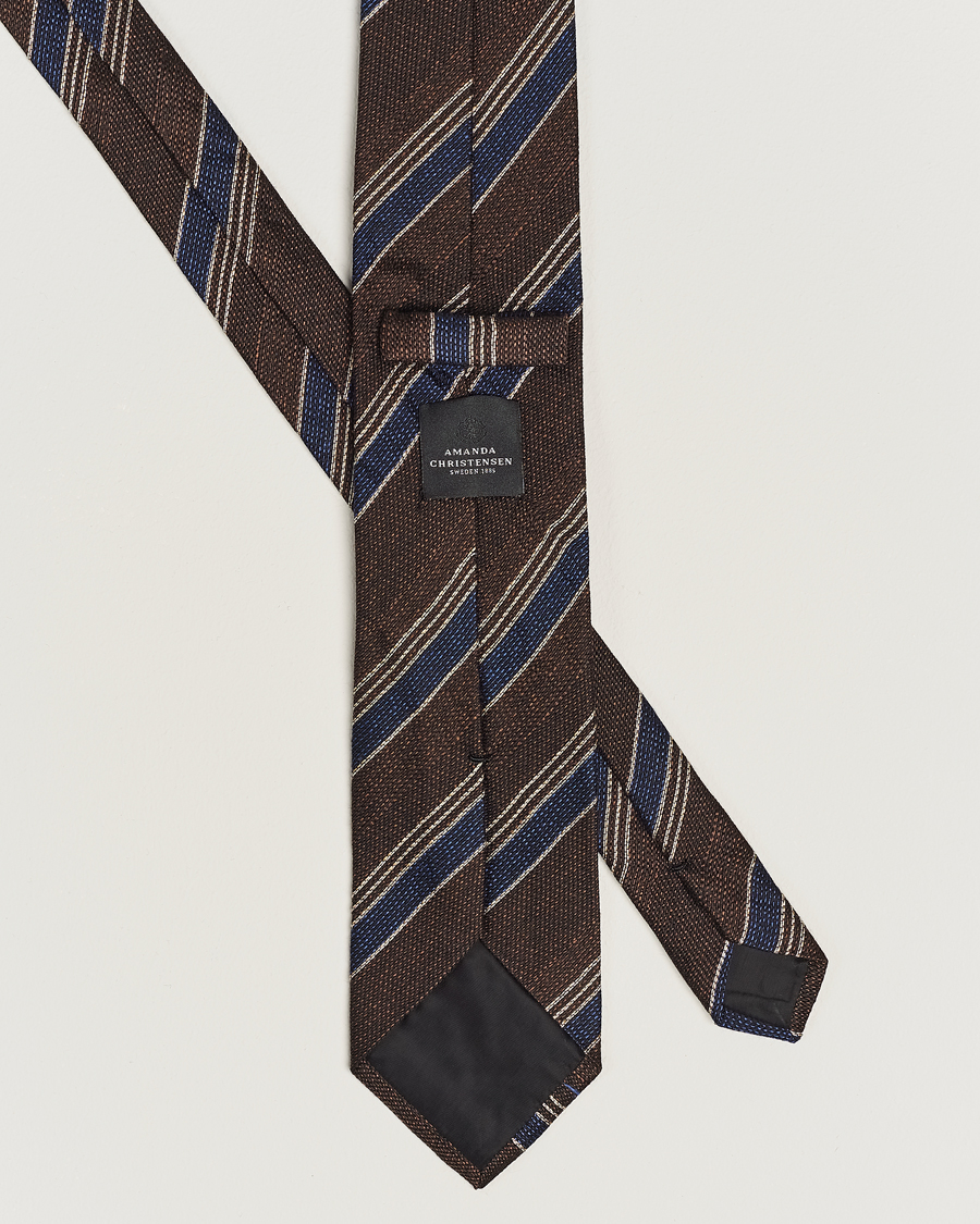 Mies | Amanda Christensen Cotton/Wool/Silk 8cm Regimental Stripe Tie Brown/Navy | Amanda Christensen | Cotton/Wool/Silk 8cm Regimental Stripe Tie Brown/Navy
